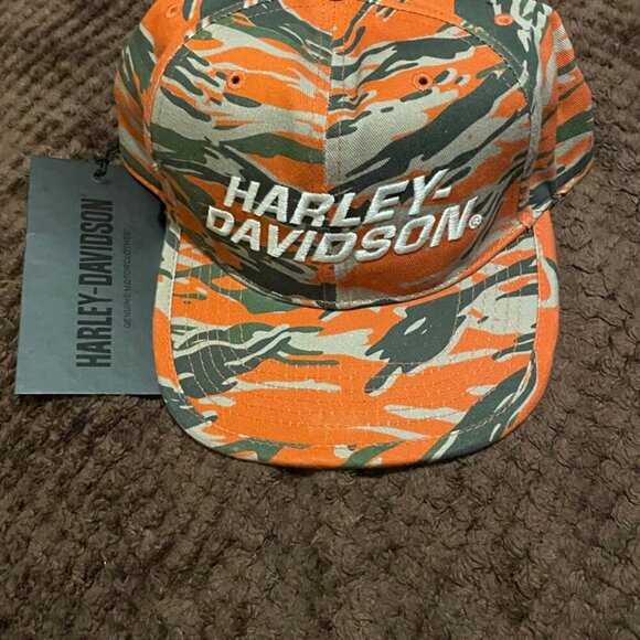 HARLEY DAVISON ADJUSTABLE CAMO HAT ORANGE GREEN RACING SNAPBACK BIKER CAP HARLEY - Picture 6 of 10